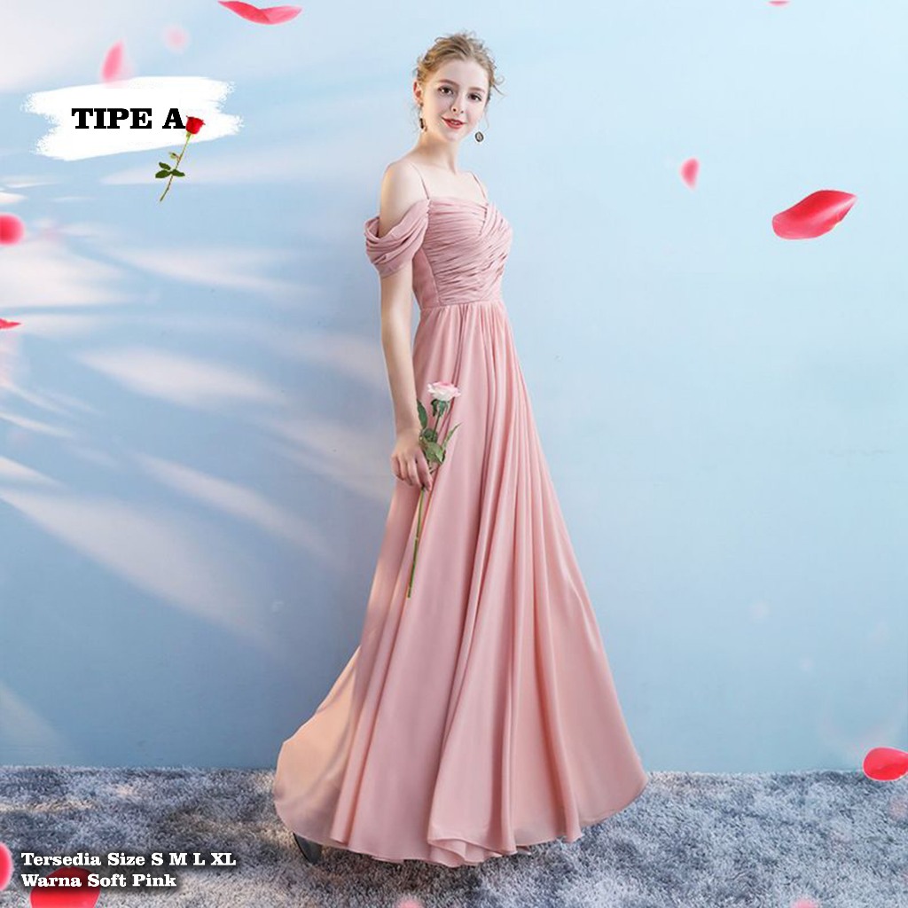 DP Gaun Bridesmaid Panjang Gaun Pesta Long Dress Style Korea Warna Soft  Pink BD34-39