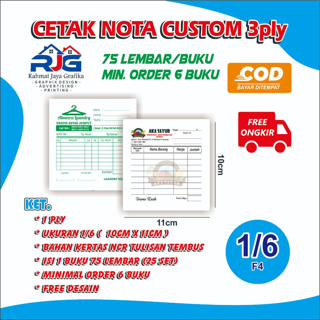 Jual Cetak Nota Custom Ukuran 1/6 Folio 3Ply Cetak Nota Laundri Nota ...