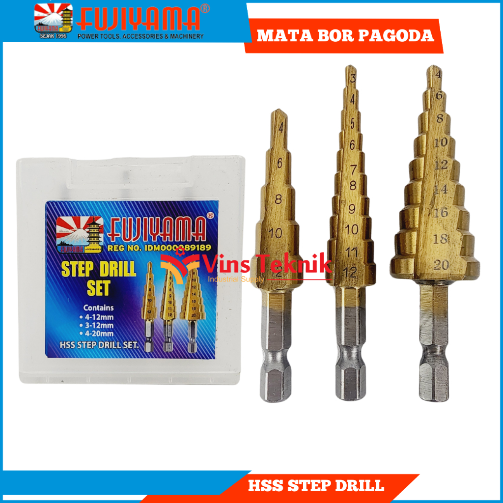 Jual FUJIYAMA mata bor set pagoda Multi Step Drill Bit HSS Titanium 3 ...