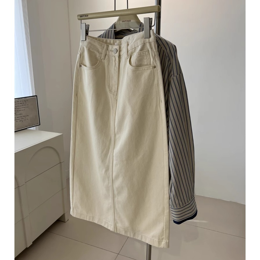 Jual Krem Highwaist A-Line Rok Jeans Wanita Celah Belakang Midi Rok ...