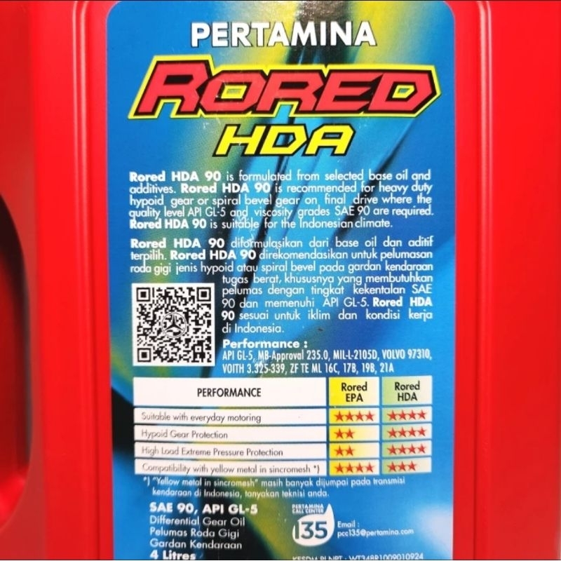 Jual Pertamina Rored HDA 90 GL-5 4 Liter (Oli Transmisi Manual Gardan ...