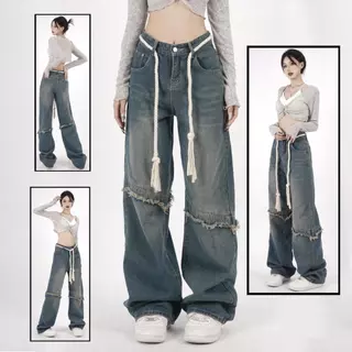 Keygirl New Biru retro celana jeans panjang wanita high waist loose pants premium celana jeans kulot Korea Style wanita JUMBO kekinian