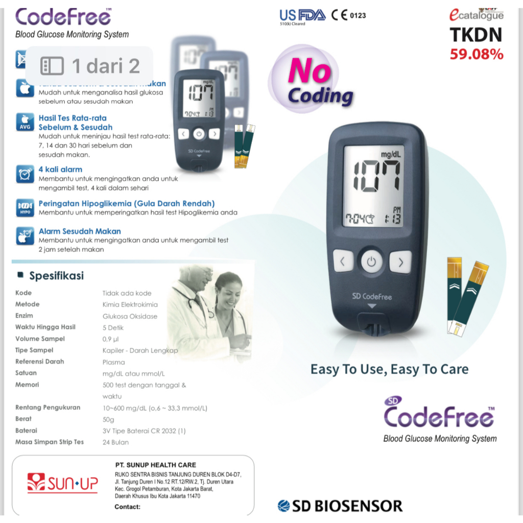 Jual SD Biosensor CodeFree Monitor / Alat Test Kadar Gula Darah ...