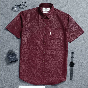 Detak Kemeja Embos Pria Lengan Pendek Motif Etnik Maroon