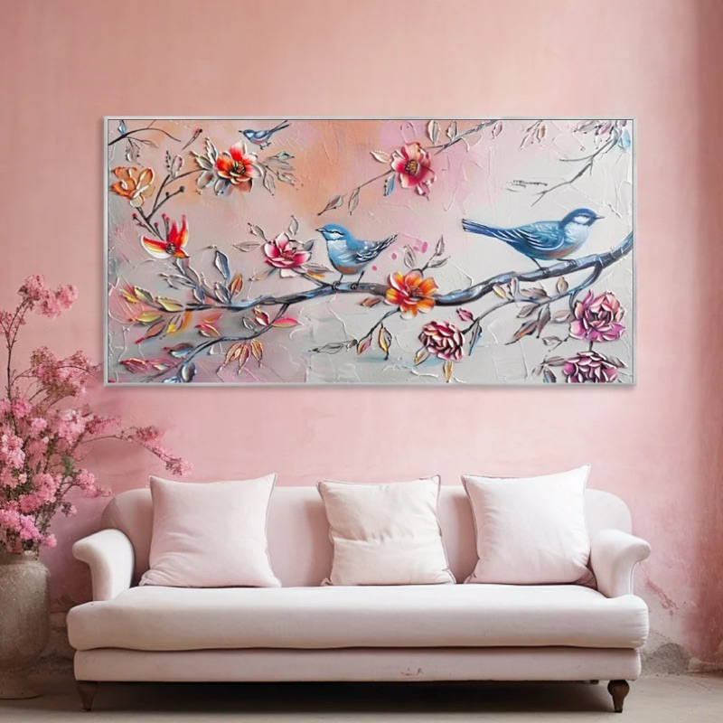Jual Lukisan dinding kanvas abstrak tekstur pohon dengan burung ...