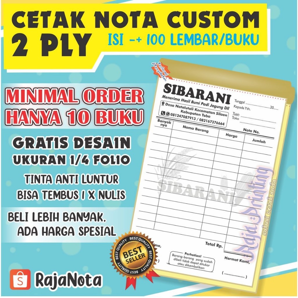 Jual NOTA CUSTOM 2 RANGKAP MINIMAL ORDER 10 BUKU UKURAN 1/4 Folio 2 PLY ...