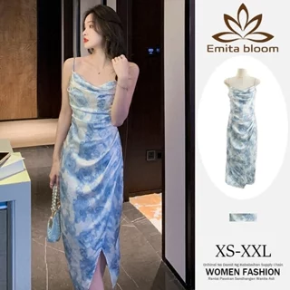 EMITA BLOOM Blue Floral Dress Biru Muda Summer Elegant Long Dress Pantai Wanita Korea Party import baju dress body press korean style terbaru 2025 kekinian   XS-4XL