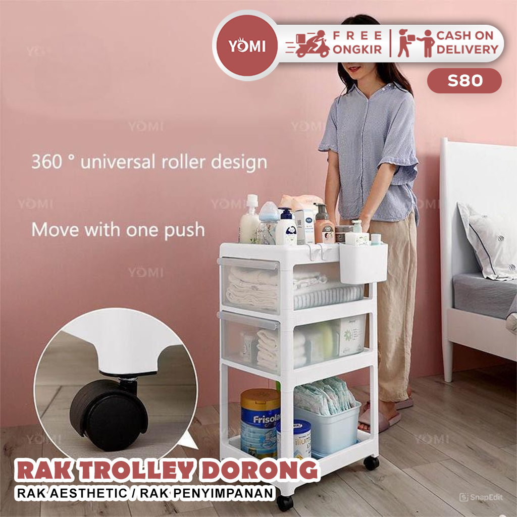 Jual YOMI- Rak Trolley dorong S80/ Rak Aesthetic / Rak penyimpanan bayi ...