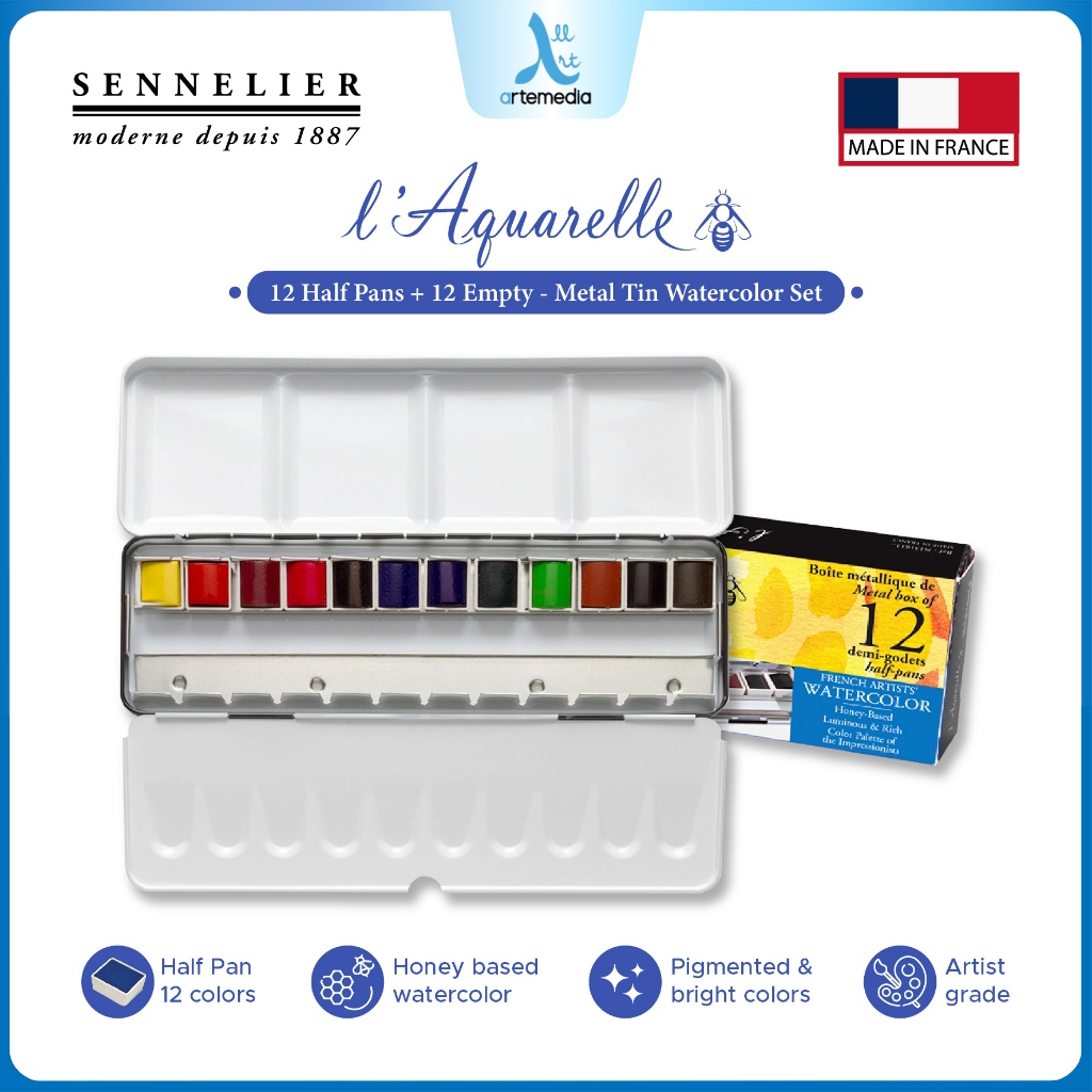 Porta Acquerelli Scatola Metallo Per Acquerelli - Per 48 Mezze Pentole, Con Tavolozza E Anello Porta Colori Artista