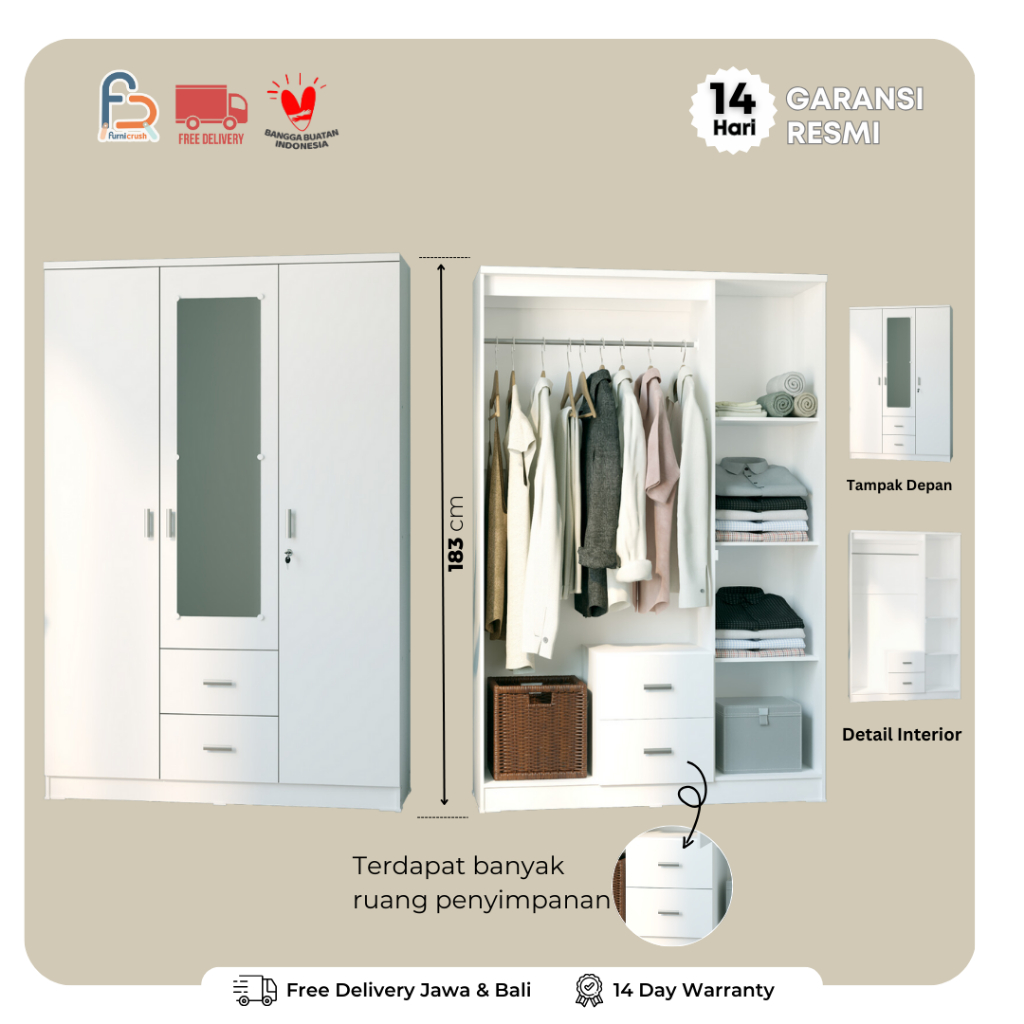 Jual Furnicrush Lemari Pakaian 3 Pintu / Lemari Baju / Almari Baju ...