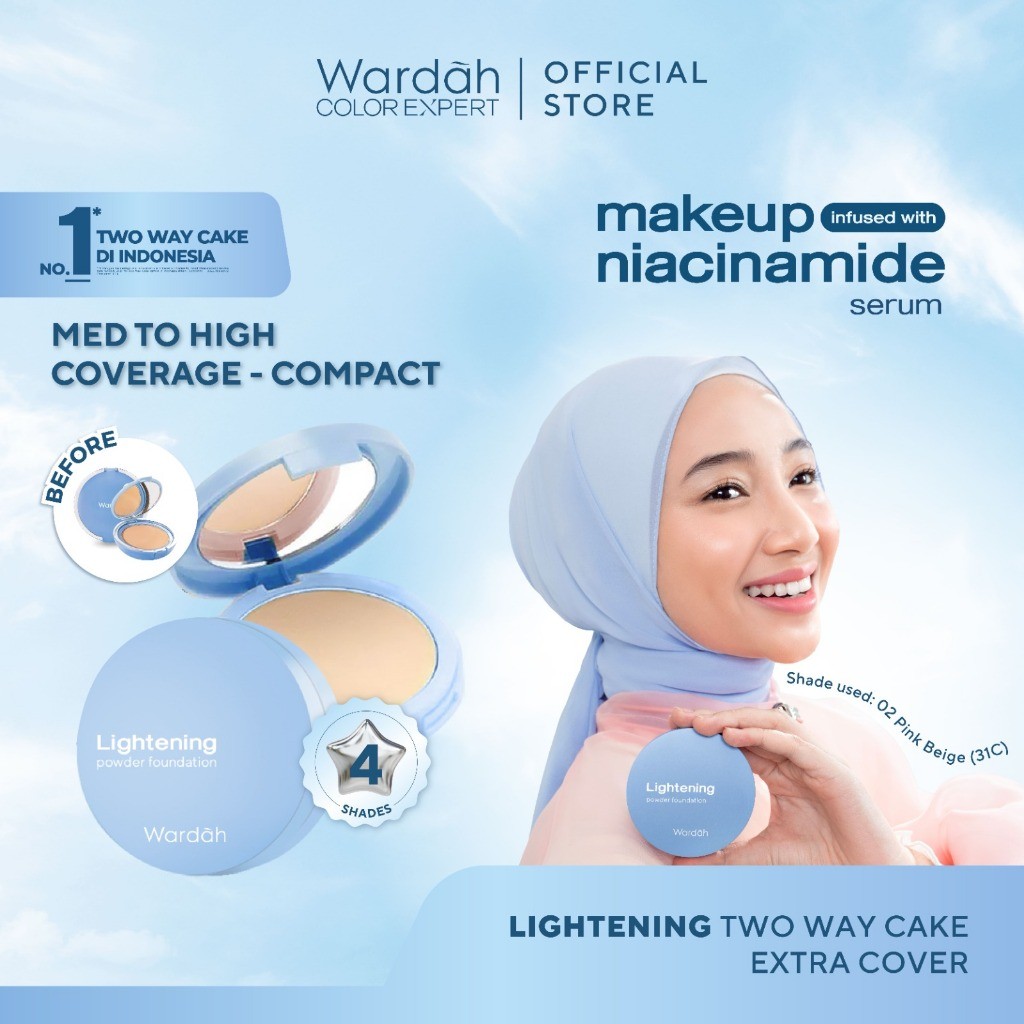 WARDAH Lightening Powder Foundation Extra Cover 10 g - Two Way Cake - TWC Extra Cover - Bedak Padat Medium to High Coverage dengan SPF 22 PA+++ dan Serum Niacinamide Untuk Hasil Makeup Flawless dan Cerah - Makeup
