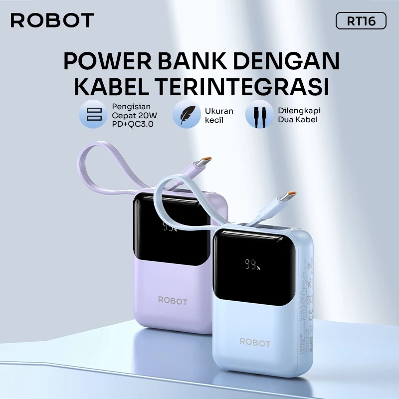 ROBOT Powerbank Mini Fast Charging 20W 9000 mAh Kabel iPhone Android Lighting Type C LED RT16 Original