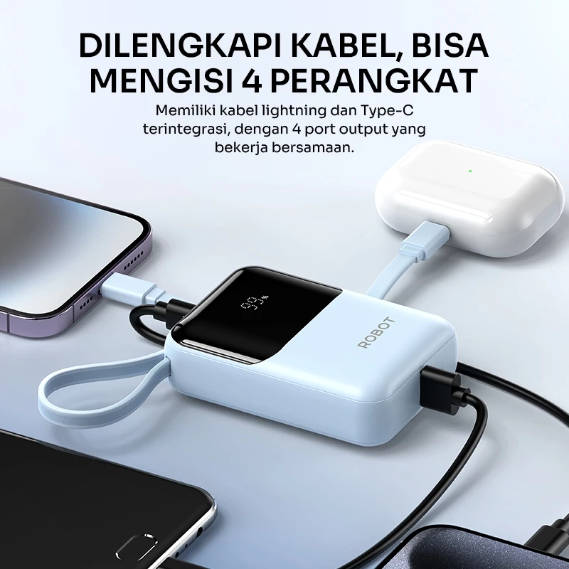 ROBOT Powerbank Mini Fast Charging 20W 9000 mAh Kabel iPhone Android Lighting Type C LED RT16 Original