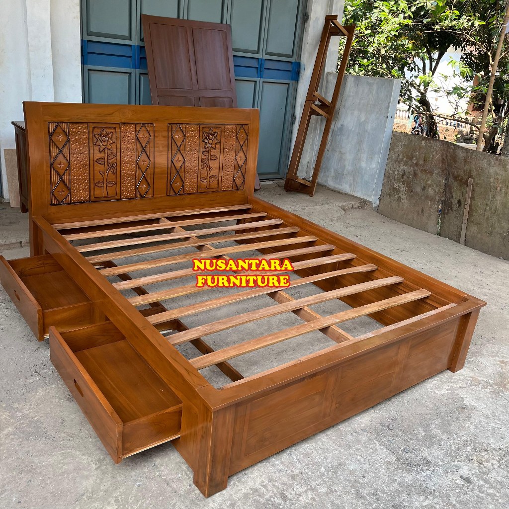 Jual Dipan minimalis kayu jati tempat tidur laci kekinian | Shopee ...