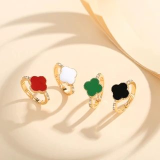 Lanme Jewelry Cincin Kristal Semanggi Empat Daun Berlapis Emas Tahan Pudar Dari Baja Tahan Karat Untuk Aksesori Dewasa Dan Wanita LM512