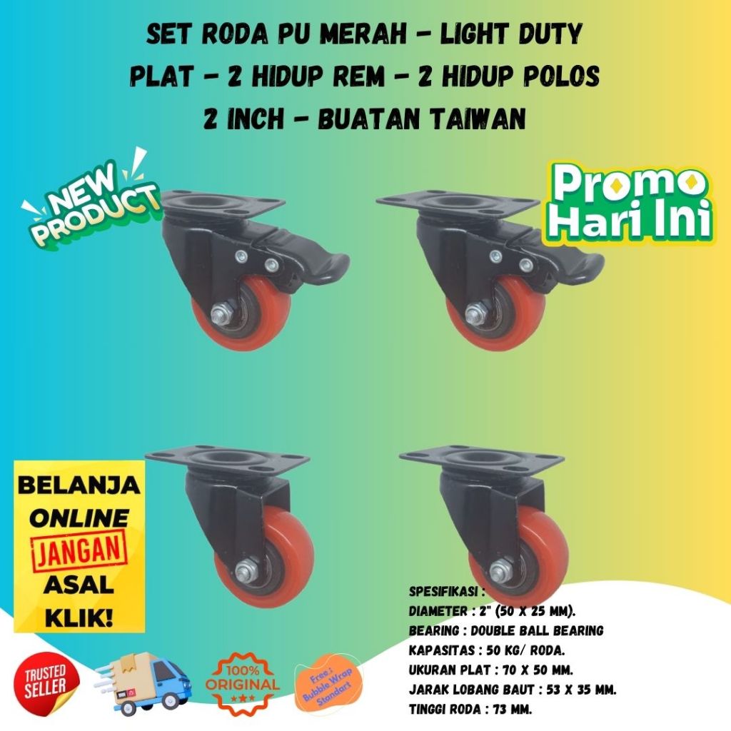 Jual TRJ Set Roda Etalase Trolley PU Merah Light Duty Double Bearing ...