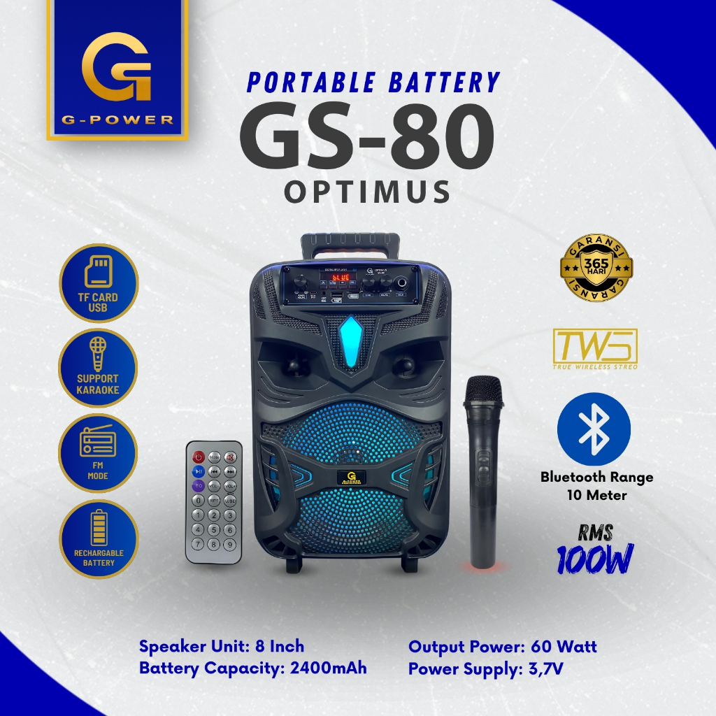 G-POWER Speaker Bluetooth Gs-80 Optimus 8inci Portable Battery Speaker Free  Mic Wireless