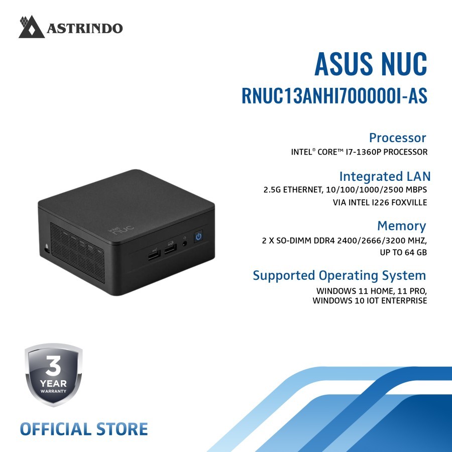 Asus NUC 13 Pro 13ANHI7 Intel Core i7-1360P Gen 13 DDR4 Sodimm Mini PC - Barebone (Kosongan)