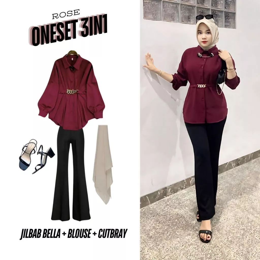 3in1 Baju Blouse Celana Jilbab Wanita Elegan