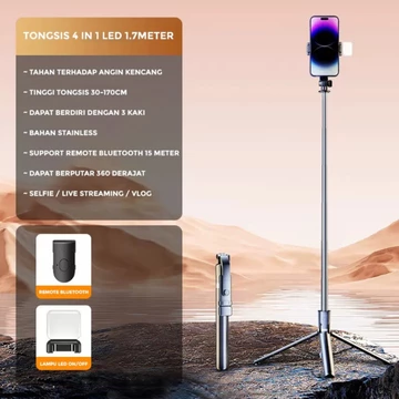 Tripod PX 3s Tinggi 170cm Wireless R1L Selfie Stick HP Lengkap Dengan Remot Bluetooth Dan Lampu