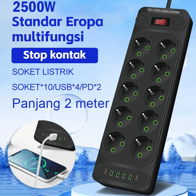 Gambar produk 2500W Stop Kontak USB Kabel Serbaguna Multiguna Panjang 2 Meter Original Power Socket Sakelar Independen dengan Power Socket 4 Port USB 10 Port Stop Kontak 2* Type-C Port 1