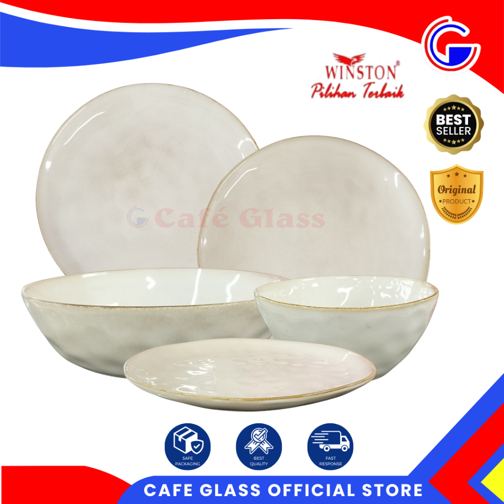 Piring Set Motif Polkadot - Piring Mangkok Saji Keramik - Piring Makan Timbul Putih Cream Winston