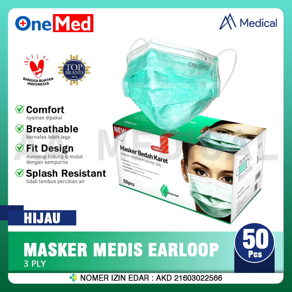 Jual ONEMED Masker Medis Earloop Surgical Mask Hijau 3 Ply Box Isi 50 ...