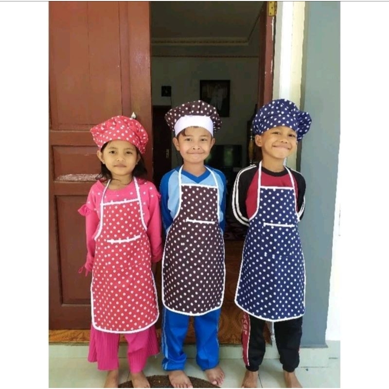 Jual apron anak celemek anak tk plus topi koki chef bahan polikatun