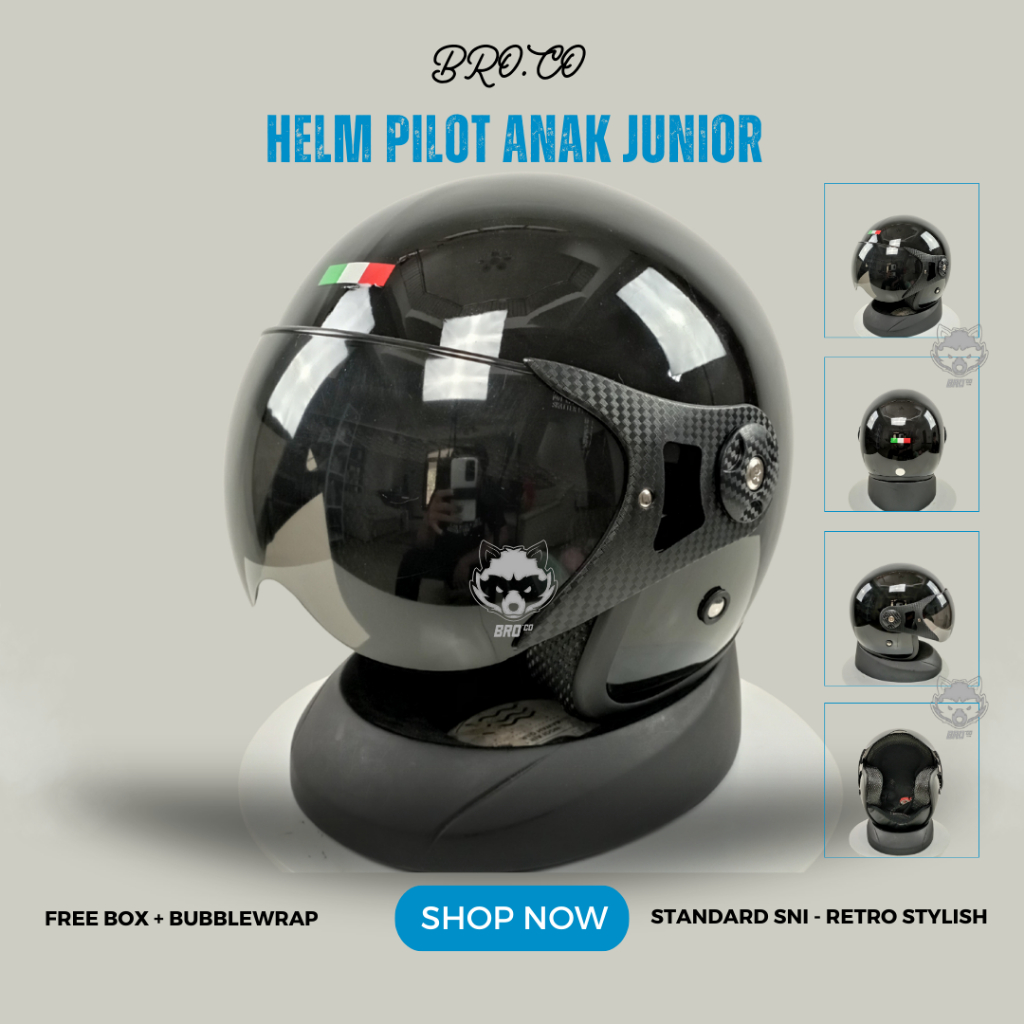 Jual HELM PILOT RETRO ITALY ANAK ANAK JUNIOR HALF FACE HITAM BLACK ...