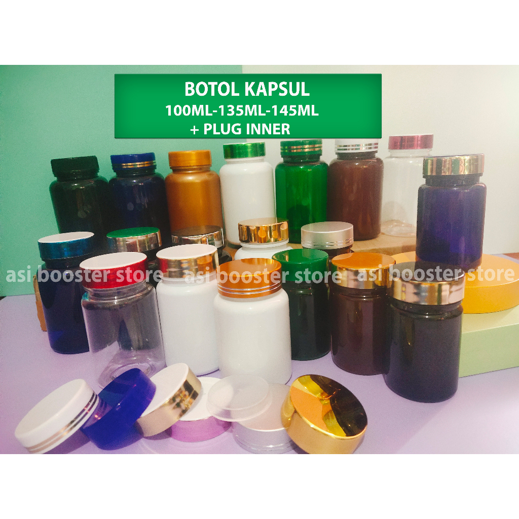 Jual Botol kapsul isi 60 Bening/ Putih 135Ml Tutup Gold Silver + Plug ...