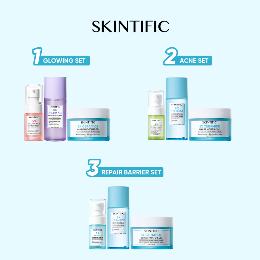 SKINTIFIC 3pcs set with toner - 4D Hyaluronic Acid Barrier Essence Toner & 5X Ceramide Barrier Moisturize Gel & 10% Niacinamide Brightening Serum 20ml & 5% Aha Bha Pha Exfoliating Toner & 5X Ceramide Soothing Toner 80ml