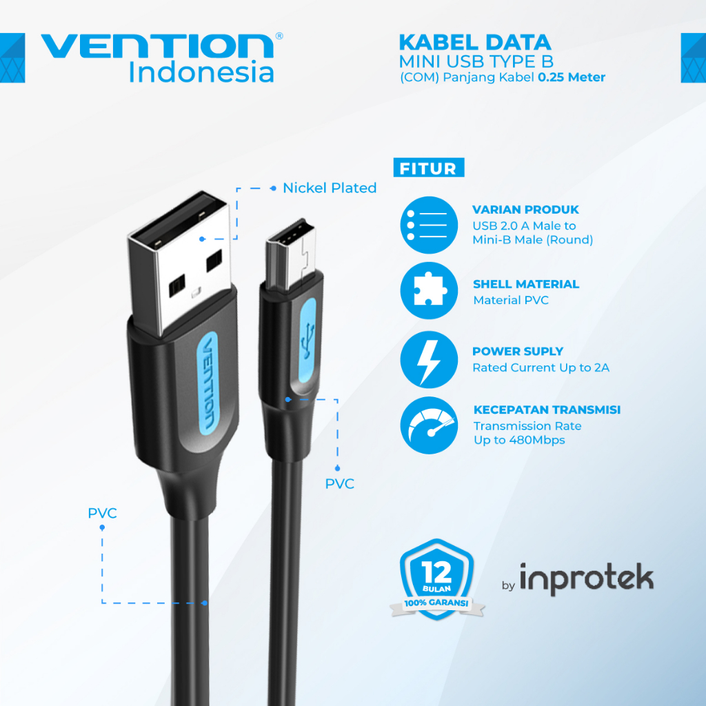 Jual Vention Kabel Data USB A 2.0 to Mini USB Type B 2A 480Mbps HDD COM ...