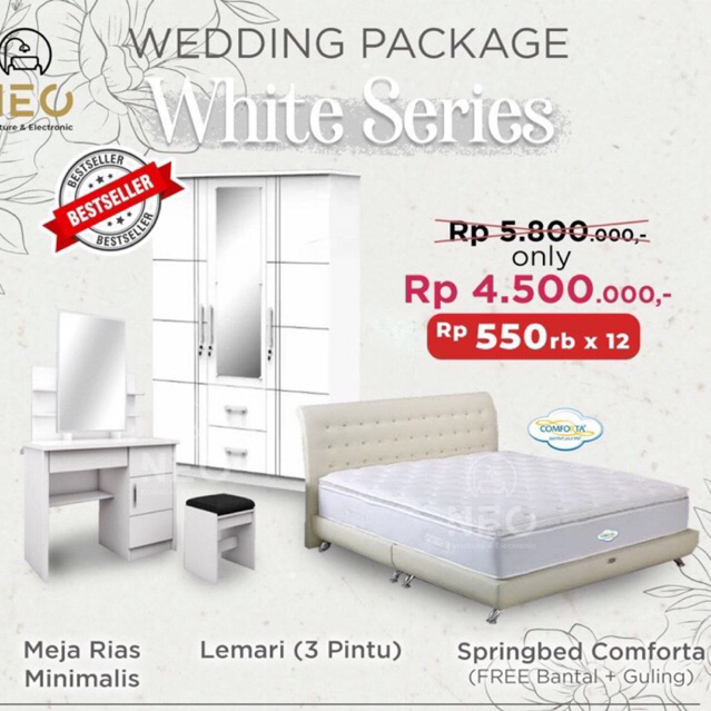 Jual NEO PAKET WEDDING WHITE SERIES PACKAGE SPRING BED 180X200 LEMARI
