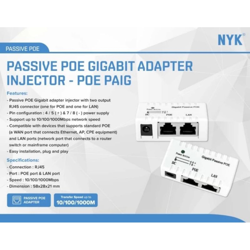 Jual Passive Poe NYK Gigabit Adapter Injector | Shopee Indonesia