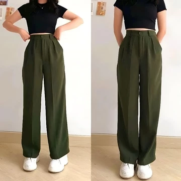 Loose Pants Trousers Wanita Highwaist Celana Kulot Kantor Anti Kusut Bahan Polyester BY Roliz