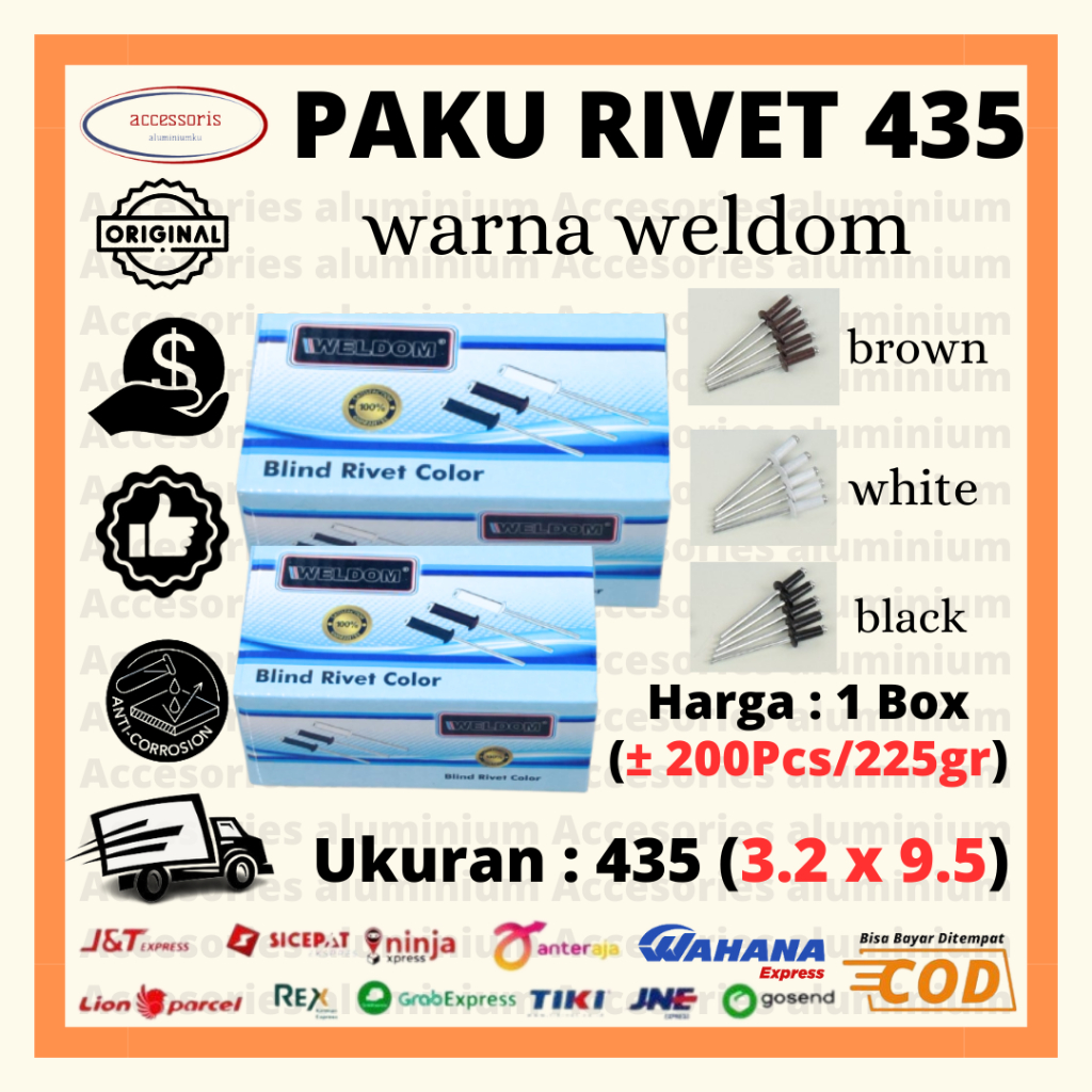 Jual Paku Rivet 435 Size 3.2mm x 9.5mm 1 Box Isi 200pcs COKLAT/ HITAM ...