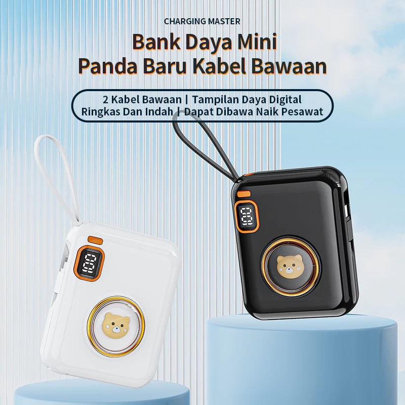 KIVEE Powerbank Mini Cute Portable Power bank Type C fast charging LCD With kabel data 2-in-1