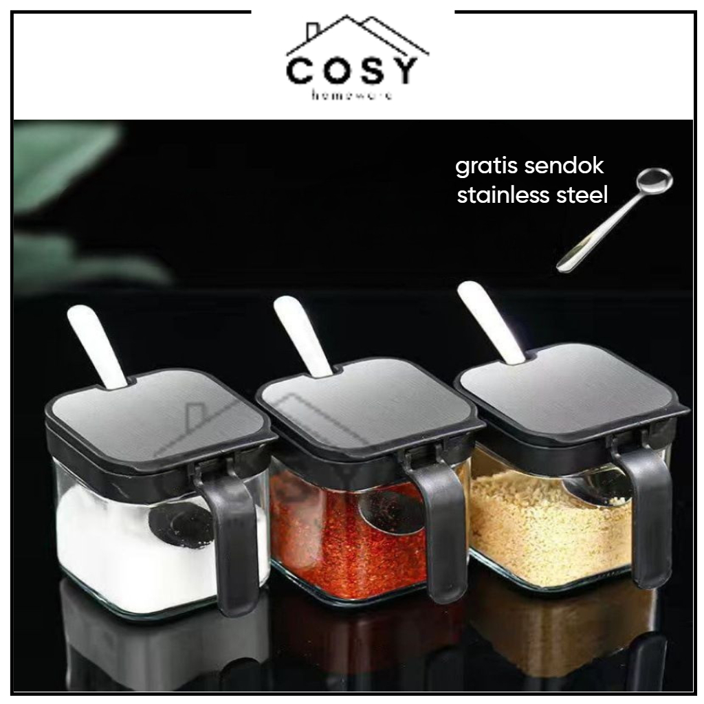 Jual COSY Kotak Tempat Bumbu Dapur Gelas Dengan Sendok / Square Glass ...