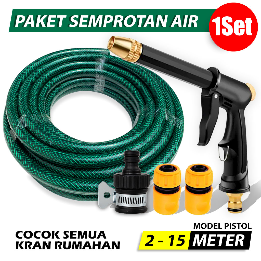 Selang Semprotan Air Semprot Cuci Motor Mobil Siram Taman Benang Hijau( 2,5,10,15 Meter ) Anti Lumut 2mm - Komplit Universal Watergun Pistol Tembakan - Paket Selang + Semprotan Bonus Konektor Quick Release - Selang Air Anti Tekuk Garden Hose Benang Hijau