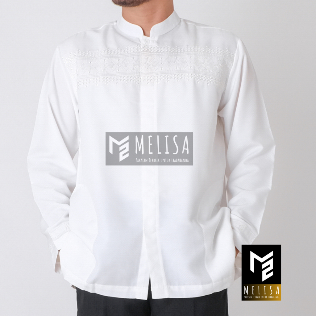 Baju Koko Pria Lengan Panjang Bahan Poli Katun Warna Putih Tulang Motip Bordir Senada Size M L XL 2XL 3XL 4XL