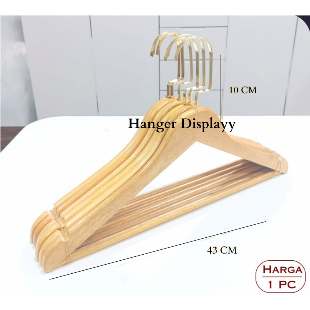 Jual Hanger Kayu Dewasa Palang Gold Hook Gepeng Emas Gantungan Baju
