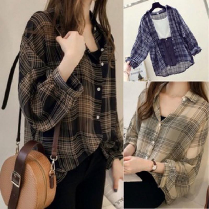 Jual BAJU ATASAN KEMEJA WANITA OVERSIZE LD 100cm XL KOTAK TARTAN GUILEN