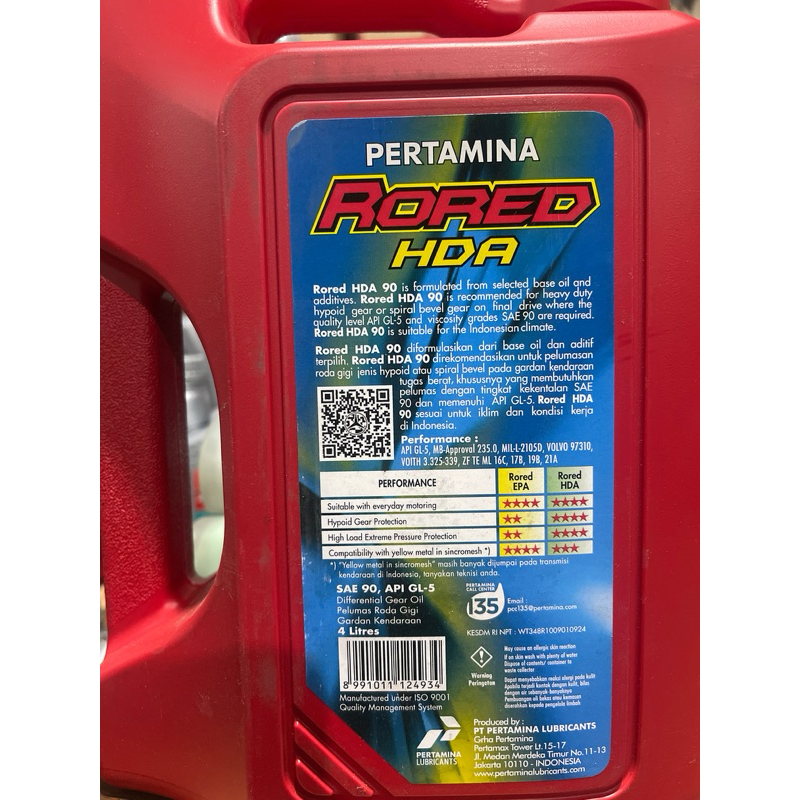 Jual OLI GARDAN TRANSMISI MANUAL RORED HDA 90 API GL-5 4 LITER ORIGINAL ...
