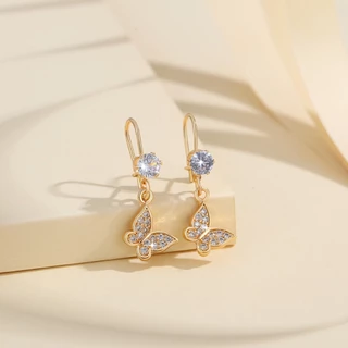 Lanme Jewelry Anting Kupu-Kupu Wanita Mewah Earing Perhisan Anting Zirkon Gantung Lapis Emas Anting Titanium Wanita LM051