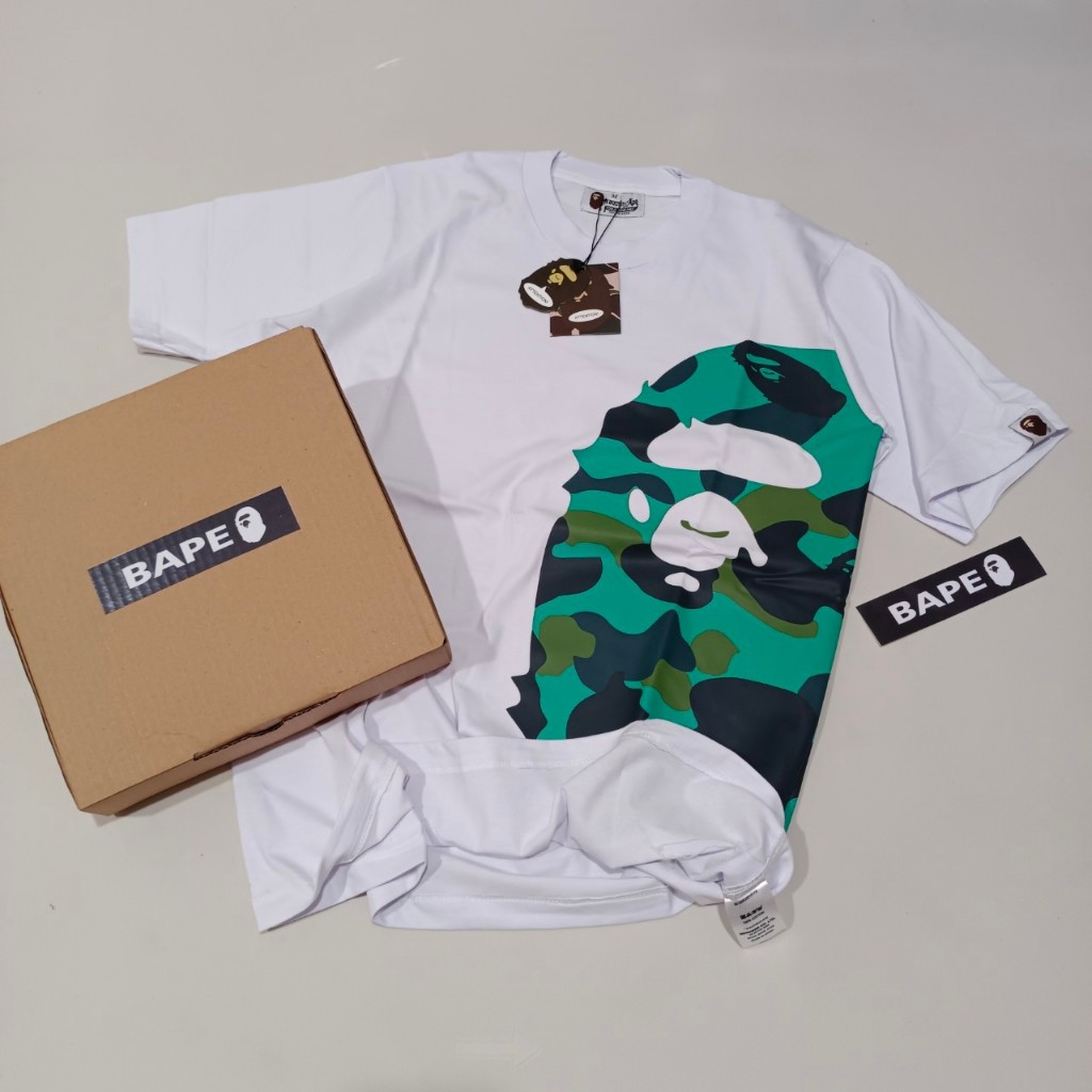 Jual Kaos Pria A Bathing Ape Bape Aape Tee White Print Logo Camo Green