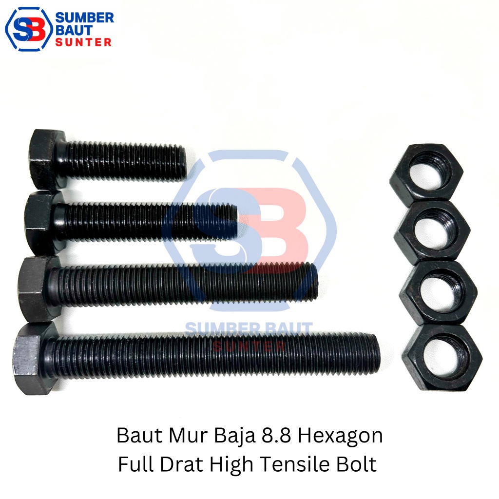 Jual M16x50 Baut Mur Baja 8.8 FULL DRAT Hitam Hex HTB High Tensile ...