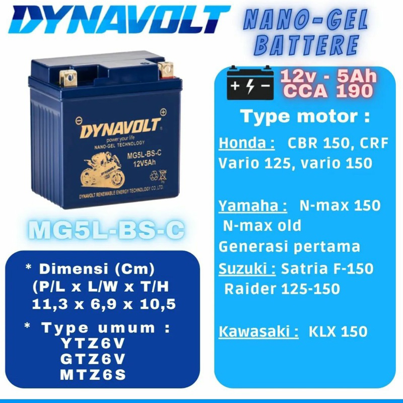 Jual Aki motor DYNAVOLT Nano gel MG5L-BS-C (FREE 1 PCS JAS HUJAN SETIAP ...