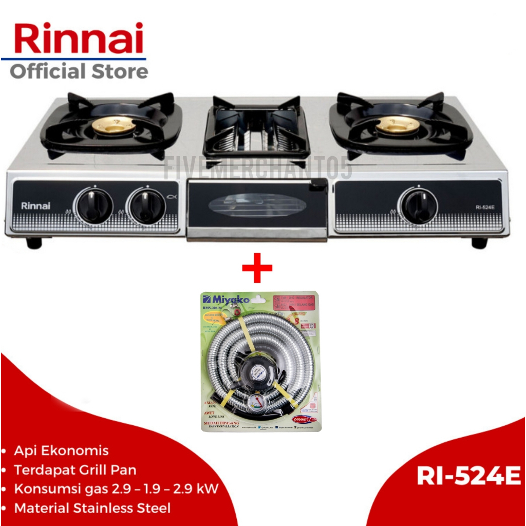 Jual Kompor Gas 3 Tungku Rinnai RI 524 E Kompor Stainless Panggangan ...
