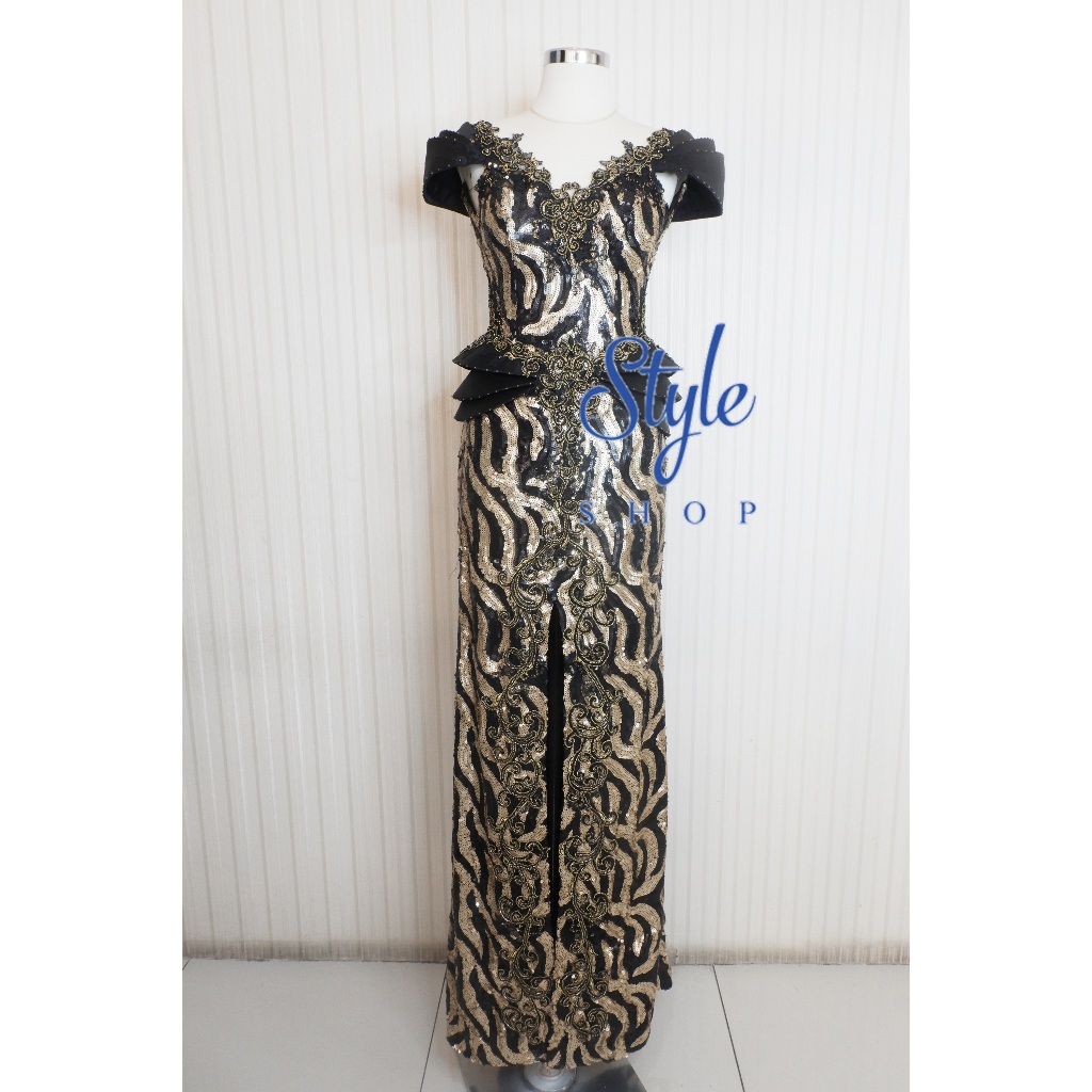 Jual Longdress | Evening Gown | Gaun Malam Black Gold | Hitam Emas Slit ...