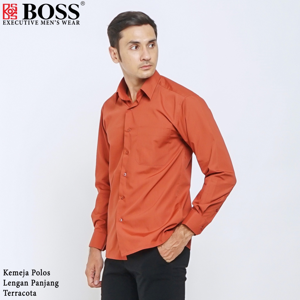 BOSS Kemeja Polos Pria Lengan Panjang Regular Fit Coklat Terracota